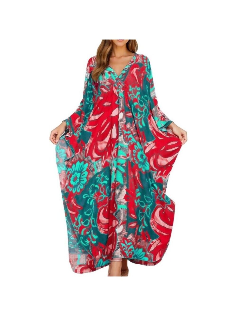 Women Red Blue Leave V-neck Batwing Sleeve Flowy Split Hem Bohemian Kaftan Dress